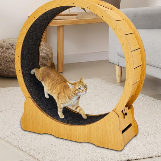 Wooden Cat Exercise Wheel, 43.3" Large Cats Treadmill Wheel for Indoor Cats,Cat Running Wheel with Detachable Carpet & Safety Lock for Running/Walking/Training,Quiet and Sturdy Suitable for Most Cats