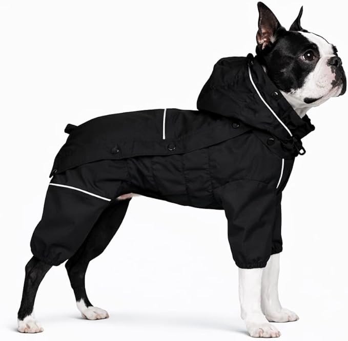 LOVELONGLONG Waterproof Dog Raincoat with Removable Hood – Outdoor Full Body Dog Jacket, Windproof Snowproof Shell Suit – All Season Pet Rain Gear Black L