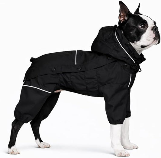 LOVELONGLONG Waterproof Dog Raincoat with Removable Hood – Outdoor Full Body Dog Jacket, Windproof Snowproof Shell Suit – All Season Pet Rain Gear Black L