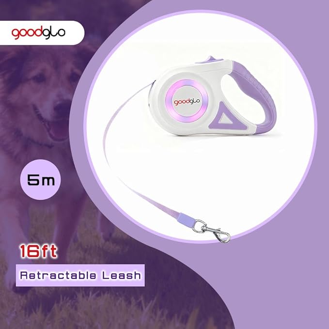 16ft Retractable Dog Leash with LED Light, Nylon Tape Lead for Medium Dogs Up to 60lbs, One-Hand Brake (Purple)