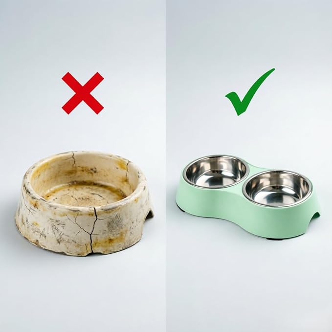 Large Green Double Pet Bowl – Non-Slip Stainless Steel Food & Water Set for Medium/Large Dogs & Multiple Cats, BPA-Free Mess-Free Feeding Dishes