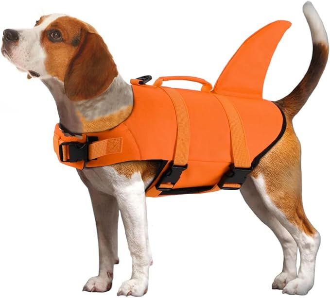 EMUST Shark Life Jackets for Dogs, Adjustable Ripstop Dog Life Vest for Water Safety Pet Life Vest with Rescue Handle Safety Vest for Swimming Pool Beach Boating, (L,SolidOrange)