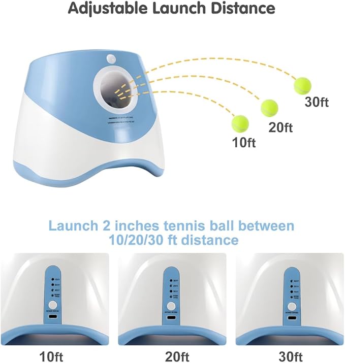 Automatic Dog Ball Launcher for Small & Medium Dogs, Interactive Dog Fetch Machine with 3 Distance Settings (10–30 ft), Mini Tennis Ball Thrower Includes 6 Balls, Indoor Outdoor Dog Toy - Blue