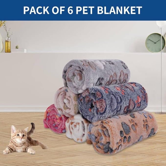 BVAGSS 6 Pack Small Dog Blanket, Super Soft Warm Pet Cover Blankets, Paw Print Puppy Fleece Flannel Blanket for Small Medium Dogs and Cats MW003