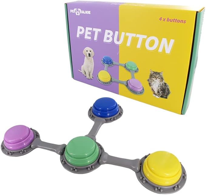 Set of 4 Talking Buttons for Cat and Dog Training, Funny Engravable Voice Command Buttons with Placement Stickers, Colorful and Customizable - Y, G, P, B
