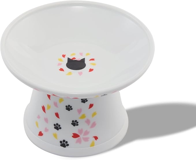 Necoichi Elevated Cat Food Bowl, Ceramic (Porcelain), Whisker-Friendly, Dishwasher & Microwave Safe, Non-Slip Silicone Base, Anti-Vomiting & Neck Fatigue (Sakura Floral, Extra Wide, 2-Cups Capacity)
