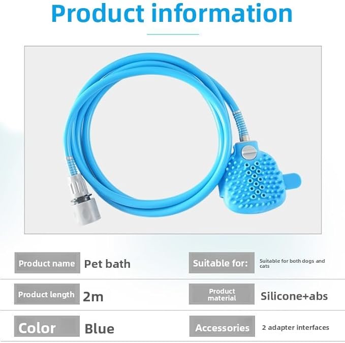 2026 New Pet Shower Sprayer with Massage Head, Blue Silicone Dog and Cat Bath Hose, 2m Length with 2 Adapter Interfaces
