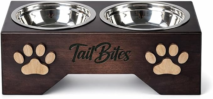 Raised Dog Bowls for Medium Sized Dogs – Wooden Elevated Dog Feeder Stand with 2 Stainless Steel Bowls + Chew Treat (14” x 7” x 6”)