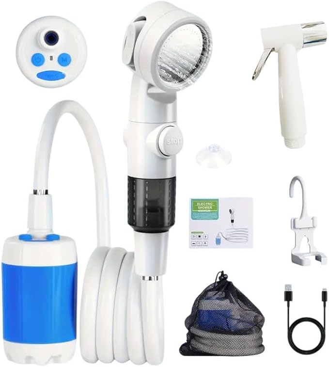 Portable Camping Shower Pump, Rechargeable Outdoor Shower Head Sprayer, Pumps Water from Bucket. For Camping, Hiking, Travel, Pet Cleaning, Car Washing