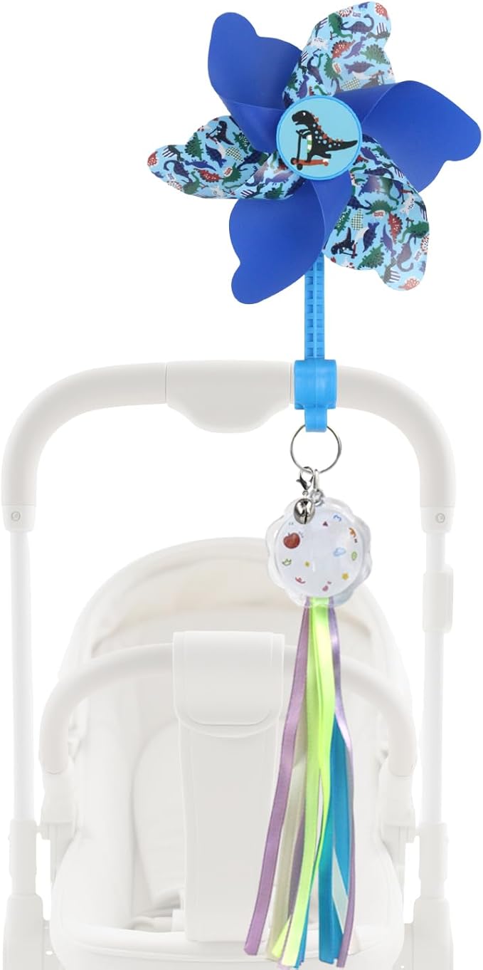 Rotating Pinwheel Stroller Identifier, Stroller Identifier Sign Flag, Stroller Finder Hanger with Rainbow Pinwheel and Ribbon, Quick Search Your Stroller in Theme Park Airport Mall (Blue)