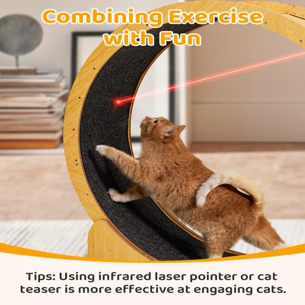 Wooden Cat Exercise Wheel, 43.3" Large Cats Treadmill Wheel for Indoor Cats,Cat Running Wheel with Detachable Carpet & Safety Lock for Running/Walking/Training,Quiet and Sturdy Suitable for Most Cats