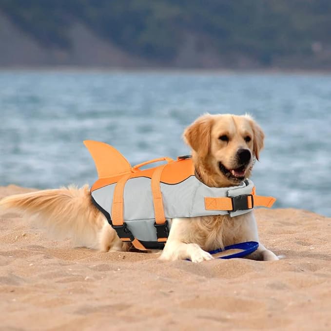 EMUST Shark Dog Life Jackets, Adjustable Ripstop Dog Vest for Water Safety, Pet Life Vest with Rescue Handle for Swimming Pool, Beach, Boating, (L, Orange)