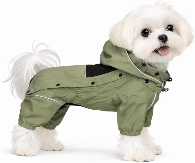 LOVELONGLONG Fleece-Lined Dog Raincoat with Removable Hood – Waterproof Winter Full Body Dog Jacket – Windproof Snowproof Cold-Weather Suit – Green-F XXS