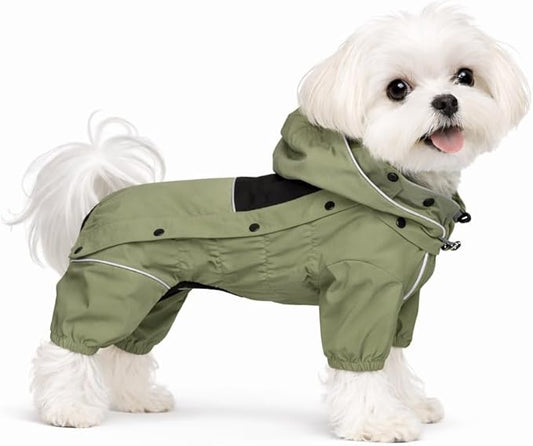 LOVELONGLONG Waterproof Dog Raincoat with Removable Hood – Outdoor Full Body Dog Jacket, Windproof Snowproof Shell Suit – All Season Pet Rain Gear Sage Green XS