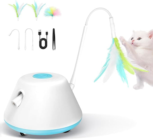 3-in-1 Interactive Cat Laser Toy, Cat Toys, with 3 Removable Feathers & 3 Speed Play Modes,USB Rechargeable Smart Excercise Toy for for Multi-cat Family Adult Bored Kittens