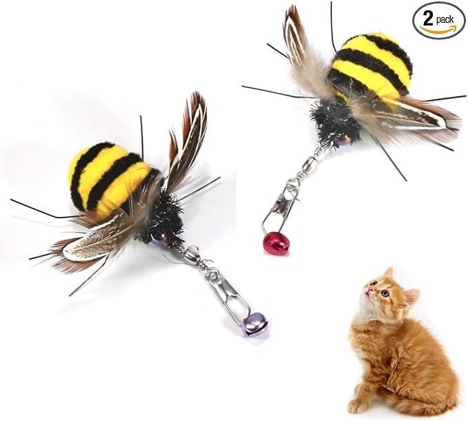 Cat Insect Feather Toys Replacement - 2 Pcs Handmade Natural Bees - Cat Toy Wand Refills - Interactive Kitten Teaser Wand Attachments - Cat Toys for Indoor Cats Play