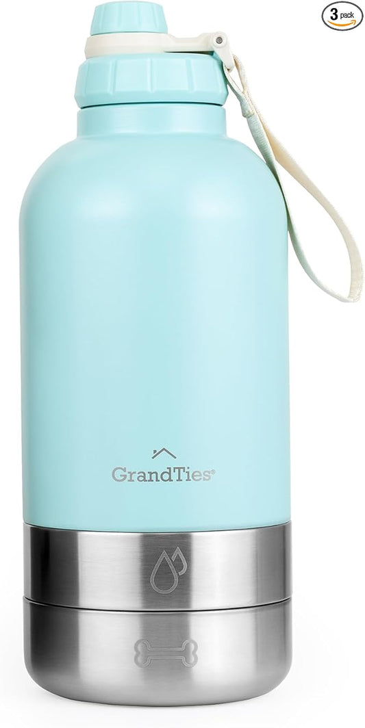 GrandTies Insulated Portable Dog Water Bottle with 2 Detachable Water Bowl Dispenser | Leak-Proof Dog Food Travel Container | Accessories for Dogs Walking, Hiking, Camping (64oz, Powder Green)