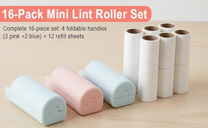 Foldable Travel Lint Roller Set, Washable Foldable Lint Remover, Portable Cleaning Roller with 4 Handles & 8 Refills, Reusable Pet Hair Remover for Clothes with Protective Cover