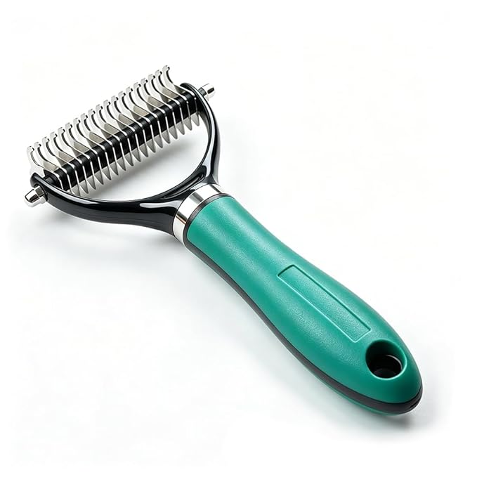 Pet Grooming Rake, Double Sided Deshedding Brush for Dogs & Cats, Undercoat Rake for Shedding, Dematting Comb for Long Haired Pets (Green-1pc)