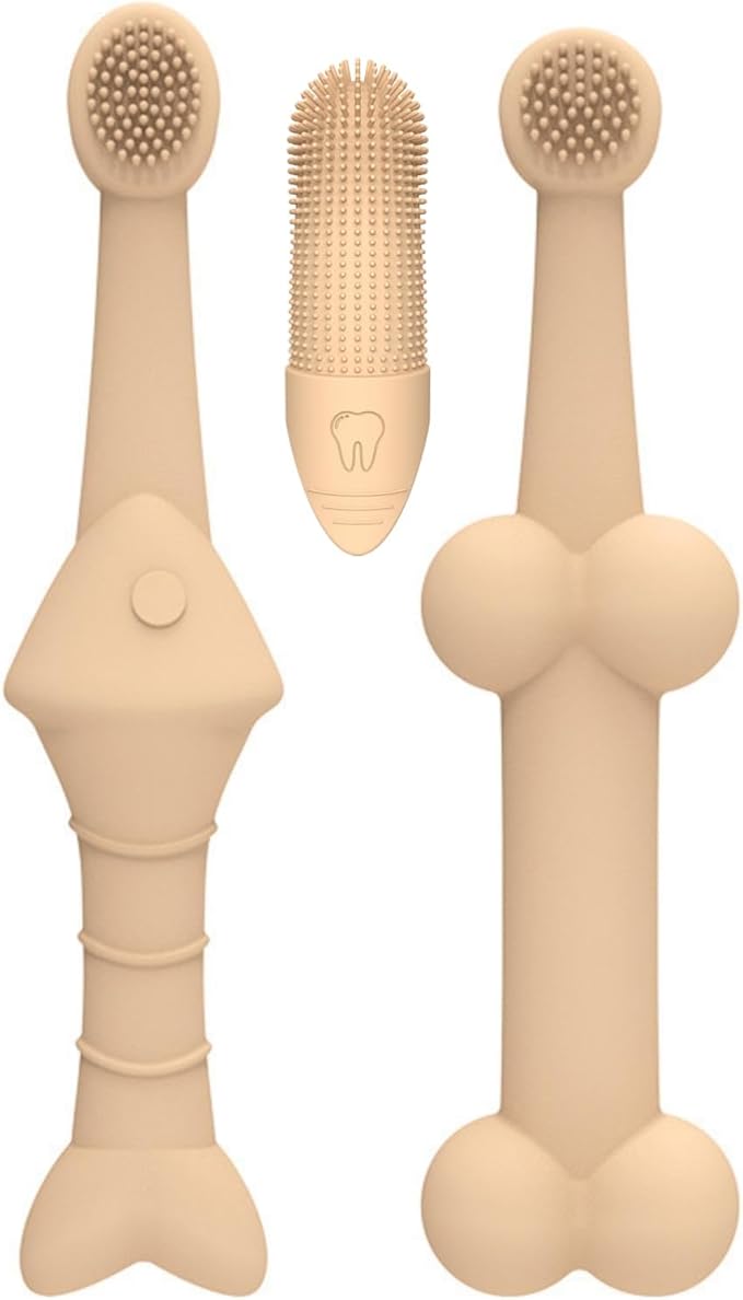JBD Dog Toothbrush and Cat Oral Care Set | Finger Toothbrush for Small/Large Pets | Puppy Tooth Brushing Kit with Double Sided Brush | Cleans Teeth & Removes Tartar | 3-Piece Pet Dental Care (Beige)