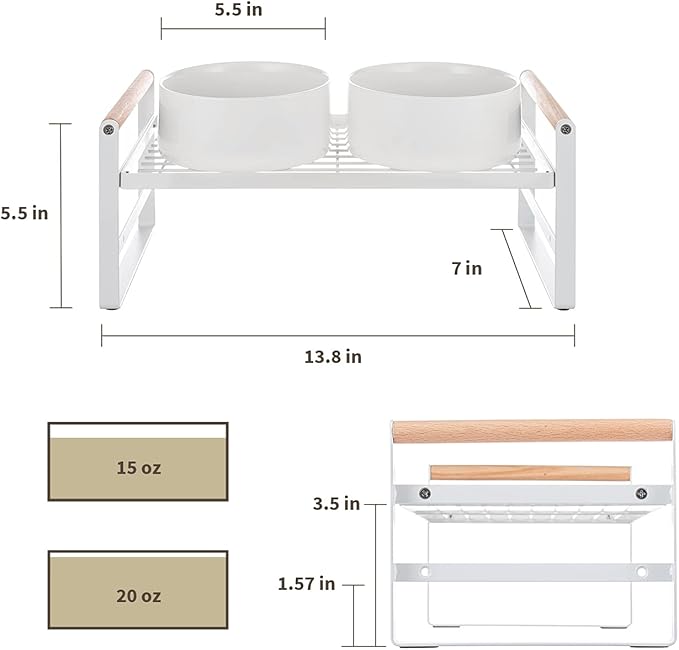 CEEFU Upgraded Elevated Cat Bowls, Adjustable Raised Cat Dishes Stand with 2 Ceramic Bowls for Cats and Dogs, 20 oz Each