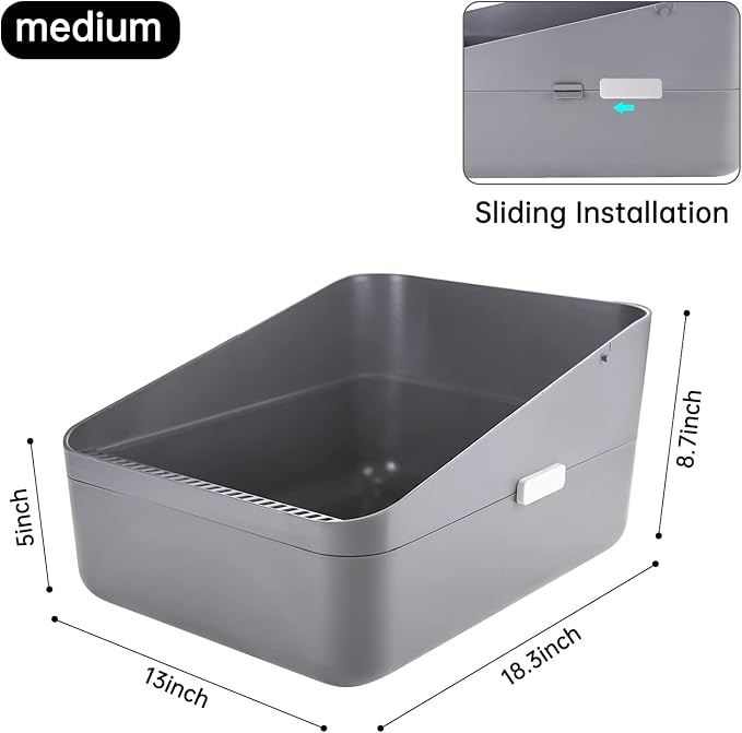 Sfozstra Grey Open Top Cat Litter Box - Medium, Removable Liner & Sifting Tray, High Sides Leak-Proof, Odor-Reducing, Durable ABS, for Small Cats Up to 13 lbs