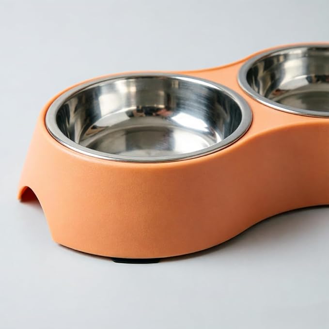 Small Orange Double Pet Bowl – Non-Slip Stainless Steel Food & Water Set for Cats, Kittens & Small Dogs, BPA-Free Mess-Free Feeding Dishes