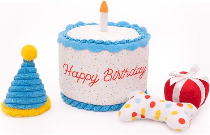 ZippyPaws Birthday Gifts for Dogs - Birthday Cake Burrow with Bone, Party Hat, & Gift Box, Dog Birthday Party Supplies for Boys & Girls