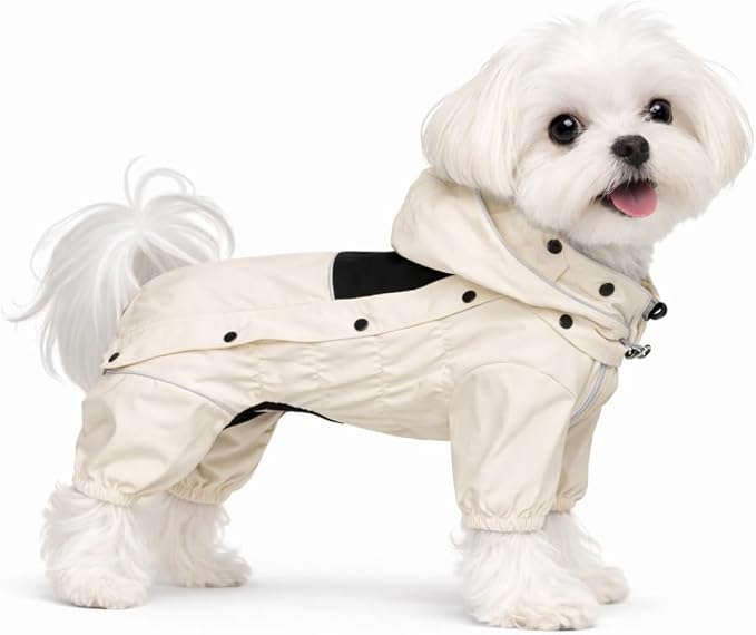 LOVELONGLONG Waterproof Dog Raincoat with Removable Hood – Outdoor Full Body Dog Jacket, Windproof Snowproof Shell Suit – All Season Pet Rain Gear Ivory XS