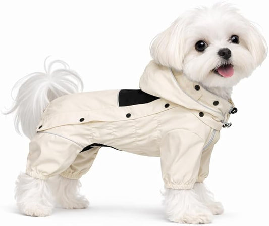 LOVELONGLONG Waterproof Dog Raincoat with Removable Hood – Outdoor Full Body Dog Jacket, Windproof Snowproof Shell Suit – All Season Pet Rain Gear Ivory XXS