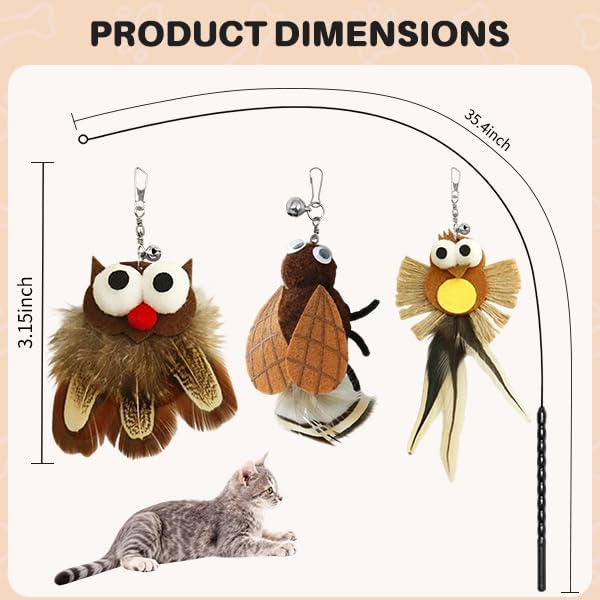 Walfront Interactive Cat Toy Wand — 3 Natural Heads (Bird, Zen, Owl) | Cat Teaser Wand for Interactive Play, Stimulates Hunting Instincts, Relieves Boredom & Boosts Activity for Indoor Cats & Kittens
