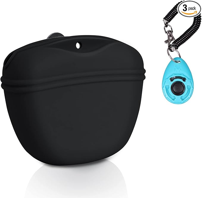 Left&Right Dog Clicker Training Kit,Silicone Dog Training Treat Pouch and Dog Clickers,Dog Treat Bag with Clicker Training for Dogs,Pet Treat Bag with Magnetic Buckle Closing and Waist Clip,Black
