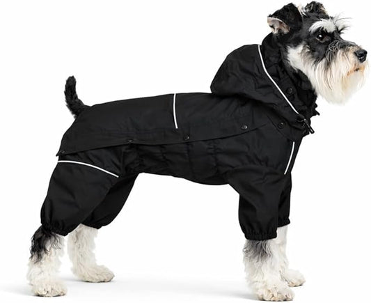 LOVELONGLONG Fleece-Lined Dog Raincoat with Removable Hood – Waterproof Winter Full Body Dog Jacket – Windproof Snowproof Cold-Weather Suit – Black-F S+