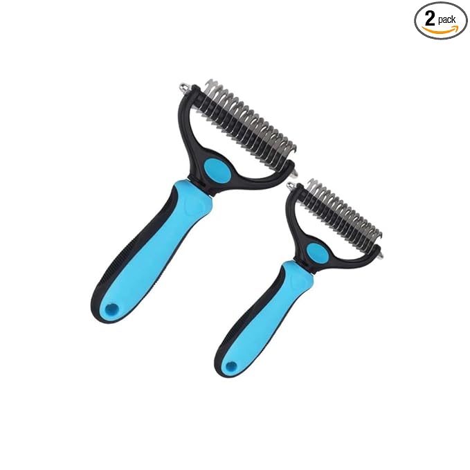 Sakerplus Double-Sided Pet Grooming Rake,Dematting Undercoat Rake for Dogs and Cats, 2-in-1 Dematting Comb, Pet Grooming Rake for Long Hair Pets (Blue, large+small)