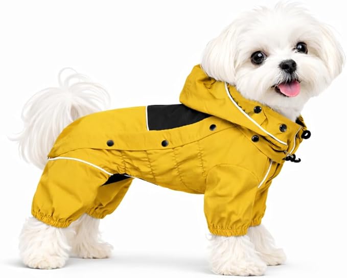 LOVELONGLONG Fleece-Lined Dog Raincoat with Removable Hood – Waterproof Winter Full Body Dog Jacket – Windproof Snowproof Cold-Weather Suit – Yellow-F XS