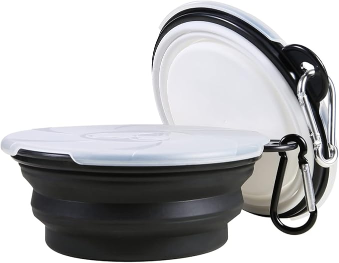 Collapsible Dog Bowl,2 Pack Portable and Foldable Pet Travel Bowls Collapsable Dog Water Feeding Bowls Dish for Dogs Cats and Small Animals,with Lids (Small, Black+White)