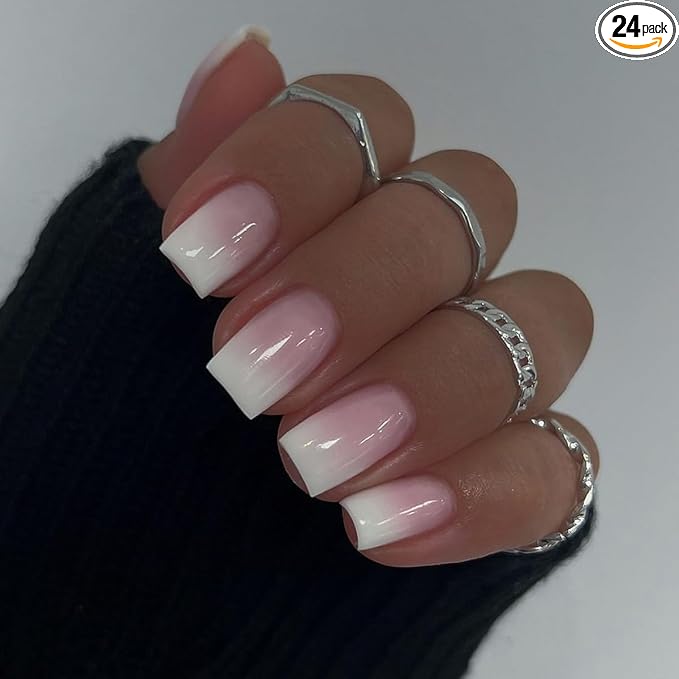 yefiuo Press on Nails Short Square Ombre French Fake Nails Press ons Glossy Acrylic False Nails Glue on Nails Reusable Nail Tips Kit Full Cover Stick on Nails Manicure Supplies for Women Girls 24Pcs