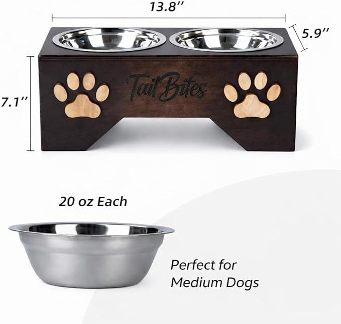 Raised Dog Bowls for Medium Sized Dogs – Wooden Elevated Dog Feeder Stand with 2 Stainless Steel Bowls + Chew Treat (14” x 7” x 6”)