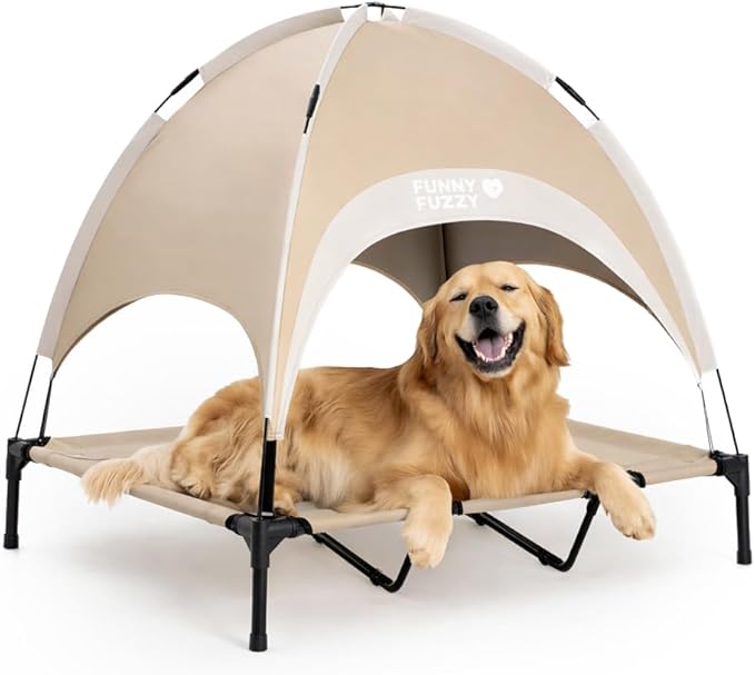 FUNNY FUZZY Elevated Dog Bed with Canopy,Khaki, X-Large (48"x36"x9") – Outdoor Raised Dog Cot with Shade, Cooling Breathable Mesh Pet Bed, Portable Waterproof Camping Bed for Large Dogs up to 120 lbs