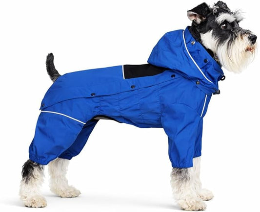 LOVELONGLONG Waterproof Dog Raincoat with Removable Hood – Outdoor Full Body Dog Jacket, Windproof Snowproof Shell Suit – All Season Pet Rain Gear Blue S+