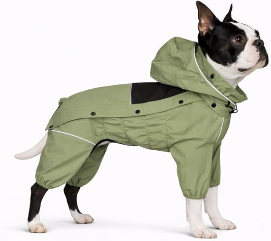 LOVELONGLONG Waterproof Dog Raincoat with Removable Hood – Outdoor Full Body Dog Jacket, Windproof Snowproof Shell Suit – All Season Pet Rain Gear Sage Green L