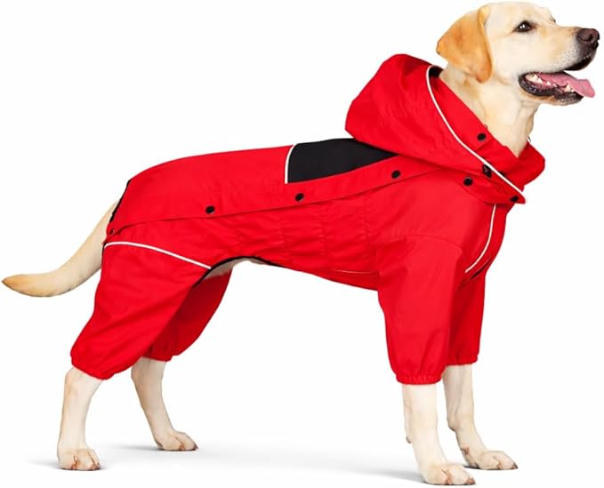 LOVELONGLONG Waterproof Dog Raincoat with Removable Hood – Outdoor Full Body Dog Jacket, Windproof Snowproof Shell Suit – All Season Pet Rain Gear Red XXL