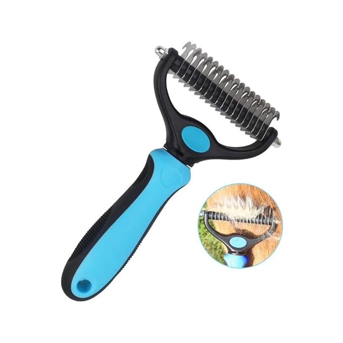 Sakerplus Double-Sided Pet Grooming Rake,Dematting Undercoat Rake for Dogs and Cats, 2-in-1 Dematting Comb, Pet Grooming Rake for Long Hair Pets (Blue, small)