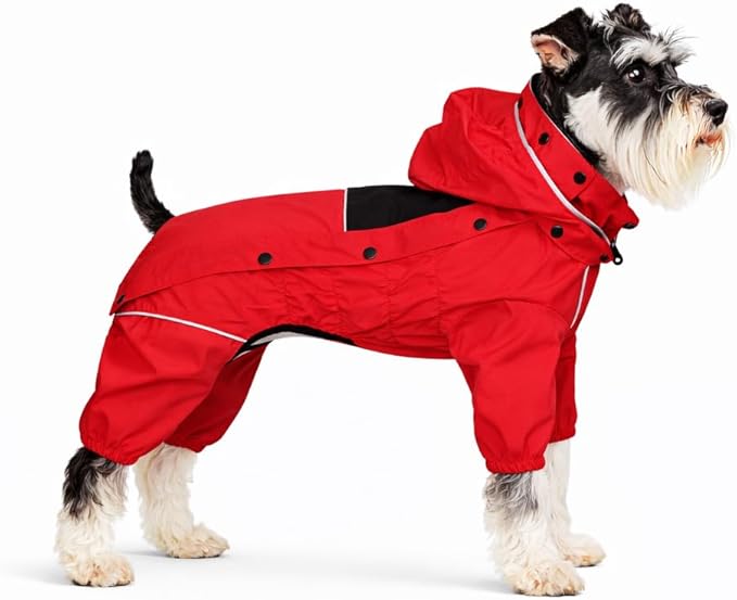 LOVELONGLONG Waterproof Dog Raincoat with Removable Hood – Outdoor Full Body Dog Jacket, Windproof Snowproof Shell Suit – All Season Pet Rain Gear Red S+