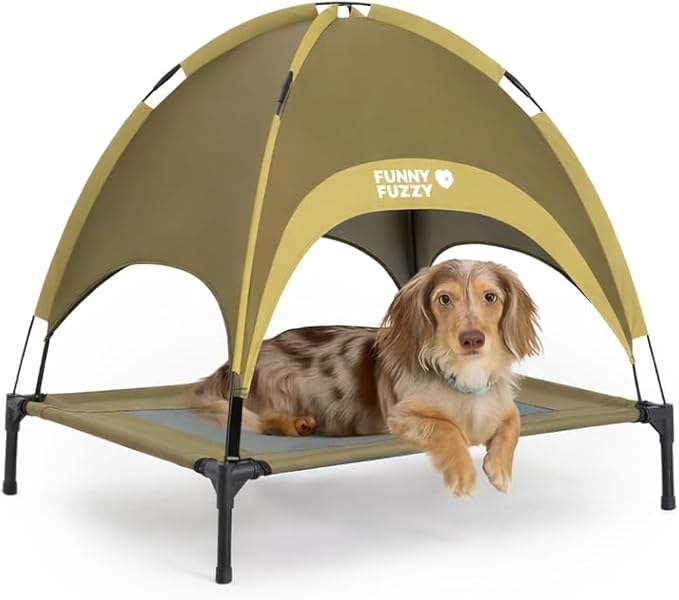 FUNNY FUZZY Elevated Cooling Dog Bed with Canopy(30"x24"x7"),Green, Dog Cot Bed for Small,Medium Dogs with UV Shade, Breathable Mesh for Cooling, Indoor & Outdoor Use for Dogs up to 120 lbs