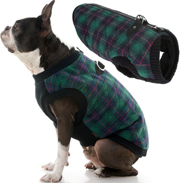 Gooby Fashion Vest Check Dog Jacket - Green Check, Medium - Warm Zip Up Bomber Vest Dual D Ring Leash - Winter Water Resistant Small Dog Sweater