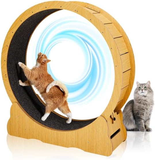 Wooden Cat Exercise Wheel, 43.3" Large Cats Treadmill Wheel for Indoor Cats,Cat Running Wheel with Detachable Carpet & Safety Lock for Running/Walking/Training,Quiet and Sturdy Suitable for Most Cats