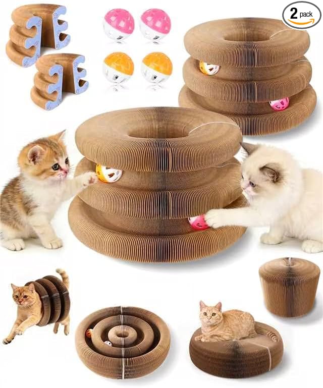 Upgraded Double Layer Accordion Cardboard Cat Toy, 2 Pack Connectable Magic Organ Cardboard Cat Scratcher with Cat Toy Ball Track for Kitten Kitty, Interactive Cats Ball Toy for Indoor Cats