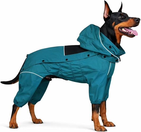 LOVELONGLONG Waterproof Dog Raincoat with Removable Hood – Outdoor Full Body Dog Jacket, Windproof Snowproof Shell Suit – All Season Pet Rain Gear Ocean Teal 4XL