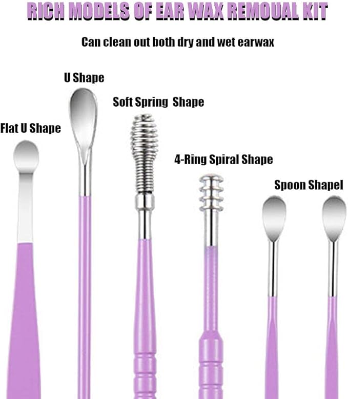 6 Pcs Ear Pick Ear wax Removal Kit Cleansing Tool Set Curette Cleaner 360° Spiral Design Canal Cleaner Stainless Steel,with a Storage Box Portable Kit for Home and Travel(Purple) 11.7*2.8*2cm